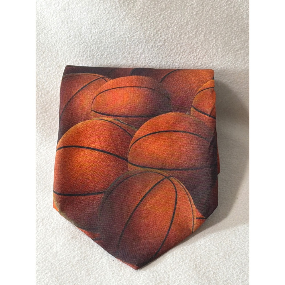 Vintage 1995 Ralph Marlin Just Balls Basketball Print Silk Feel Necktie Orange